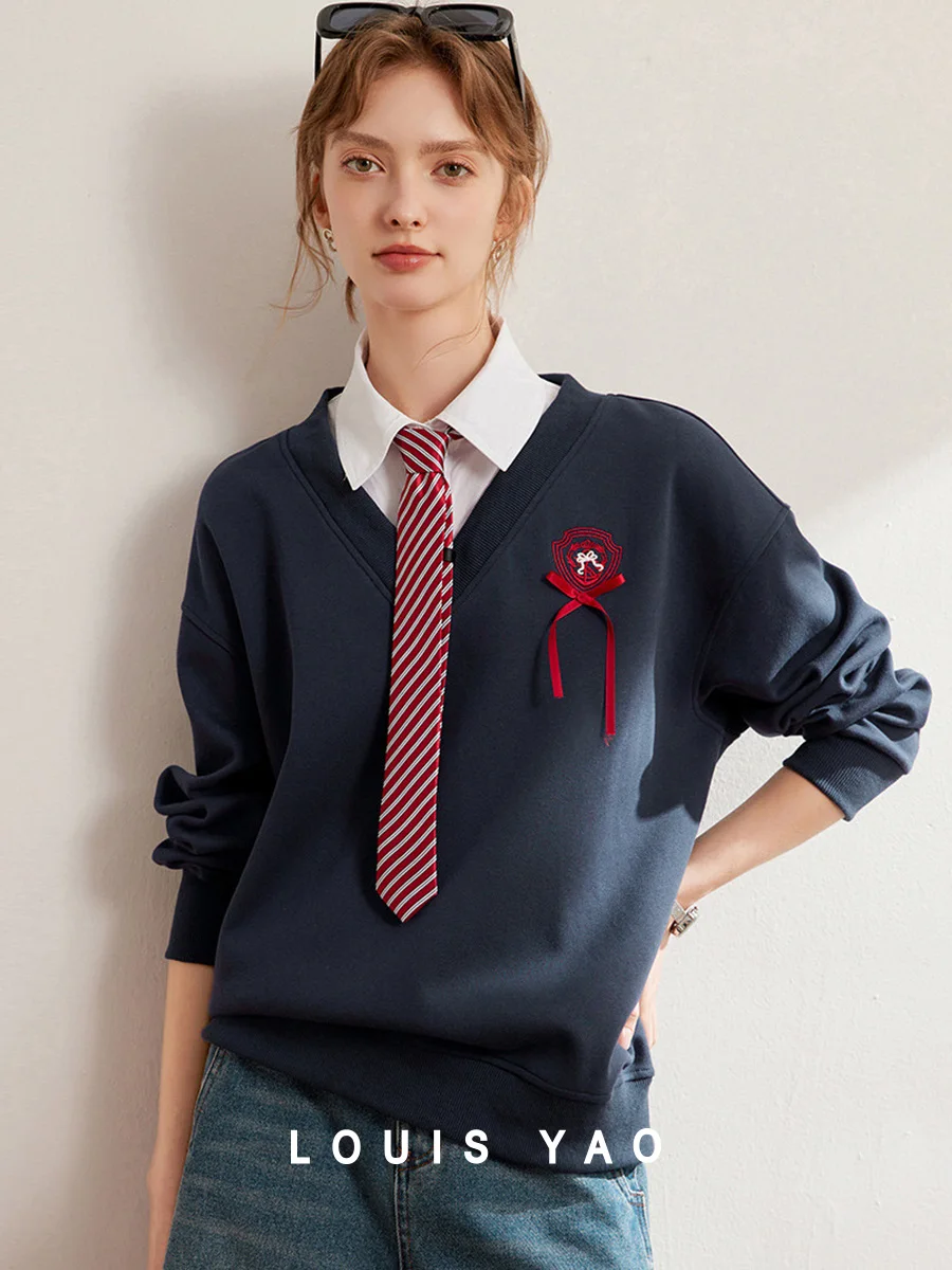 LOUIS YAO 2025 Spring Color Contrasting Collar Fake Two Piece Embroidered Detachable Tie Loose Long Sleeve Women's Hoodie