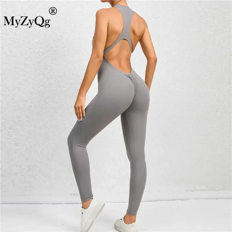 MyZyQg Zipper One-piece Yoga Jumpsuits Sports Bodysuit Hollow-out Back Running Fitness Pilate Gym Ballet Dance Aerial Jumpsuits