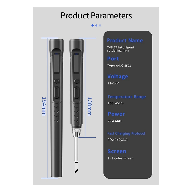 T65-SP DC 90W PD 65W Intelligent Electric Soldering Iron 150-450℃ Rapid Heating Soldering Pen Temp Calibration Voltage