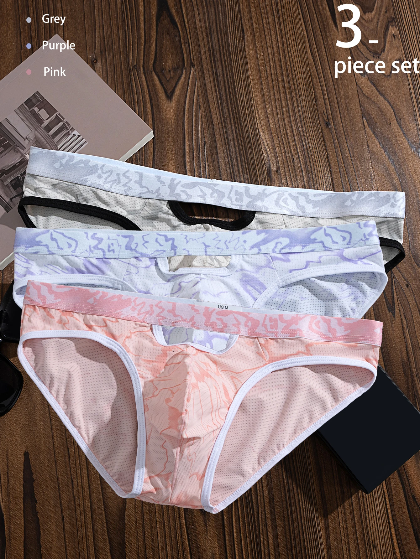 3-Pack Men's Underwear with Pattern Print, Mesh Breathable, Cut-Out Design, Fashionable and Sexy, Trendy Nylon Print Underwear