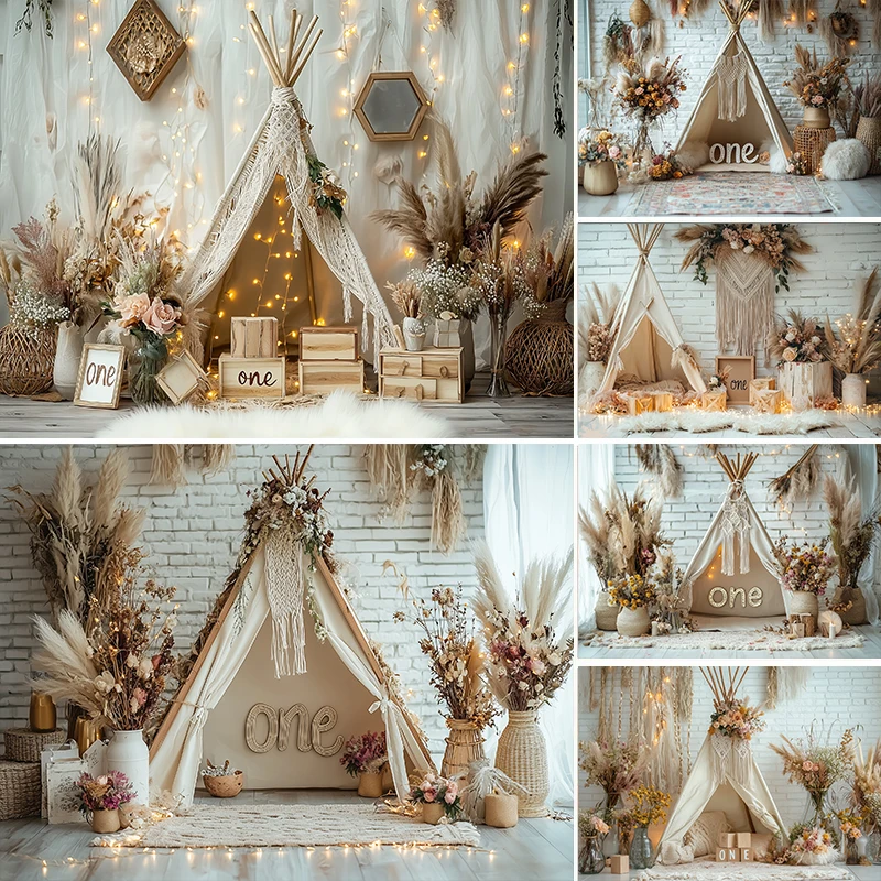 

LS Bohemia Photography Backgrounds For Newborn Kids 1st Birthday Portrait Flowers Tents Dreamcatcher Pampas Cake Smash Backdrop