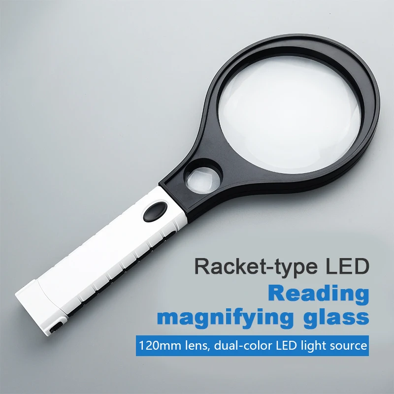 Rakieta ręczna z białym światłem LED i fioletowym światłem, duża lustrzana powierzchnia i 4-krotnie powiększające szkło do czytania