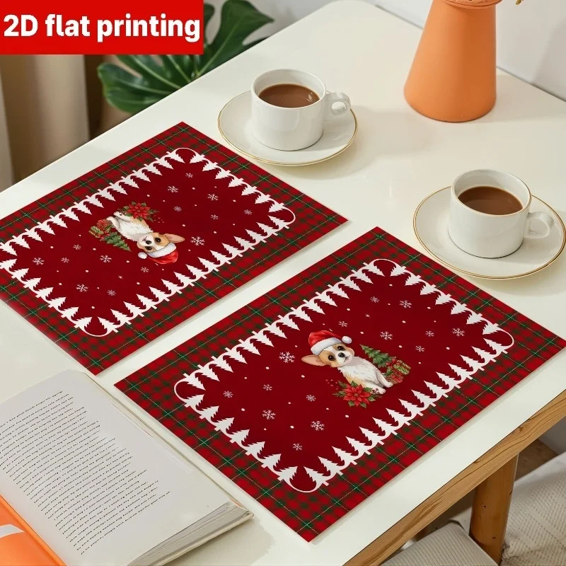 Plaid Border Corgi Dog Santa Hat Print Linen Placemats, Red Background Snowflake Pine Tree Pattern Table Mats for Christmas