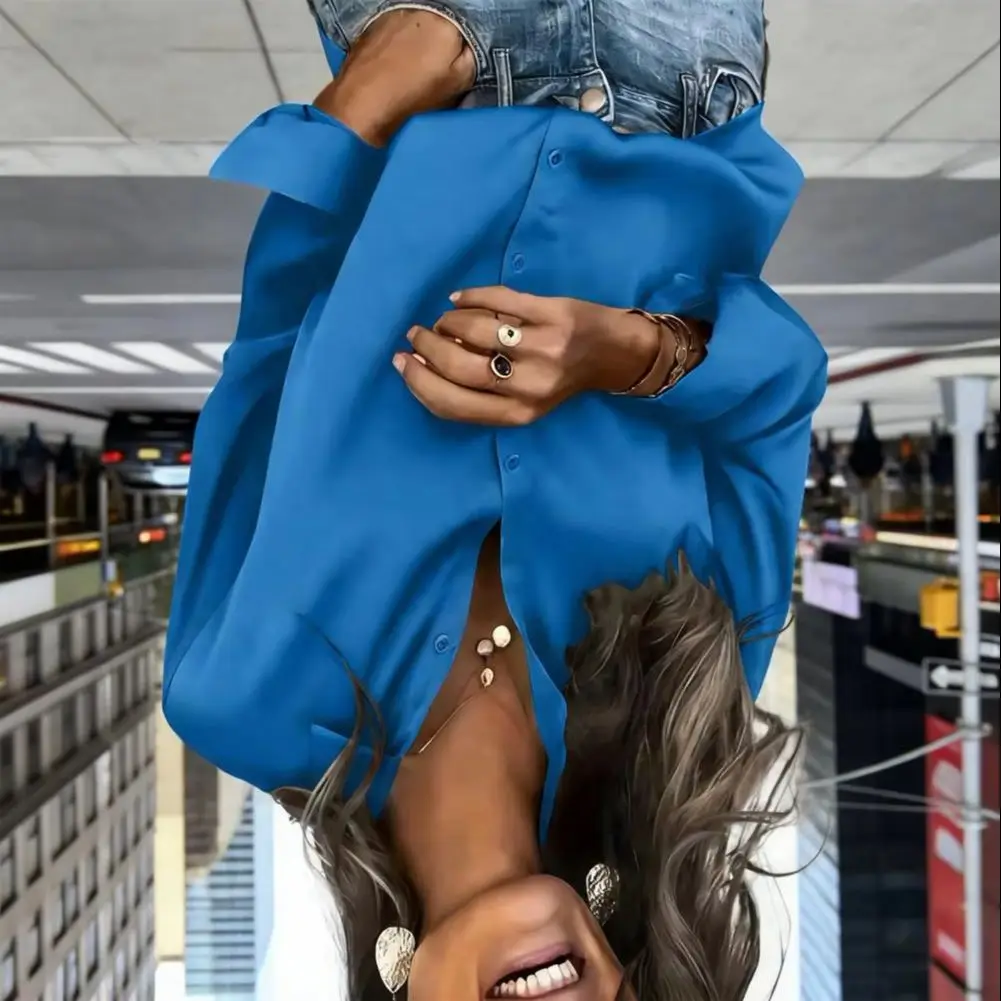 

2026 Women Satin Shirt Pure Color Loose Fit Imitation Silk Shirt Lapel Long Sleeve Buttons Placket Tops Business Casual Daily We