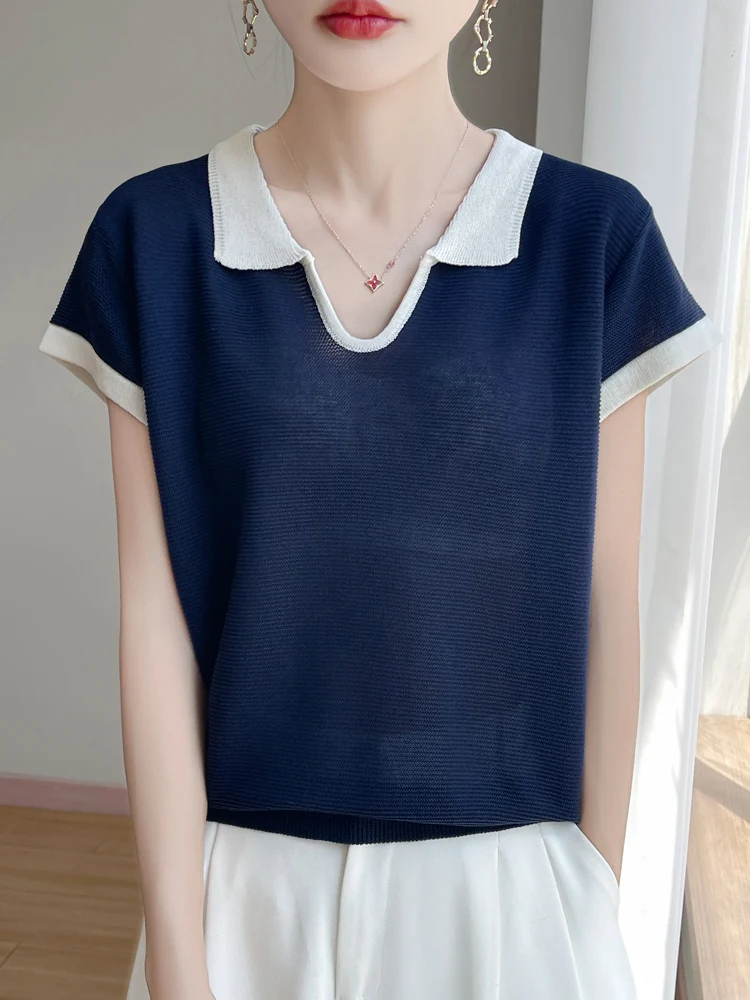 Estate 2025 T-shirt da donna in maglia ort Sve vestibilità ampia sottile traspirante V-Ne Color Blo Casual versatile top dimagrante