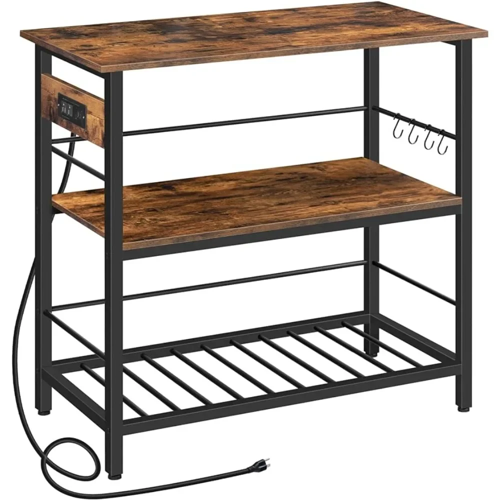 

Kitchen Island with Storage, Kitchen Island Table with Power Outlet, 3 Tier and Microwave Stand, for Kitchen Rustic Brown