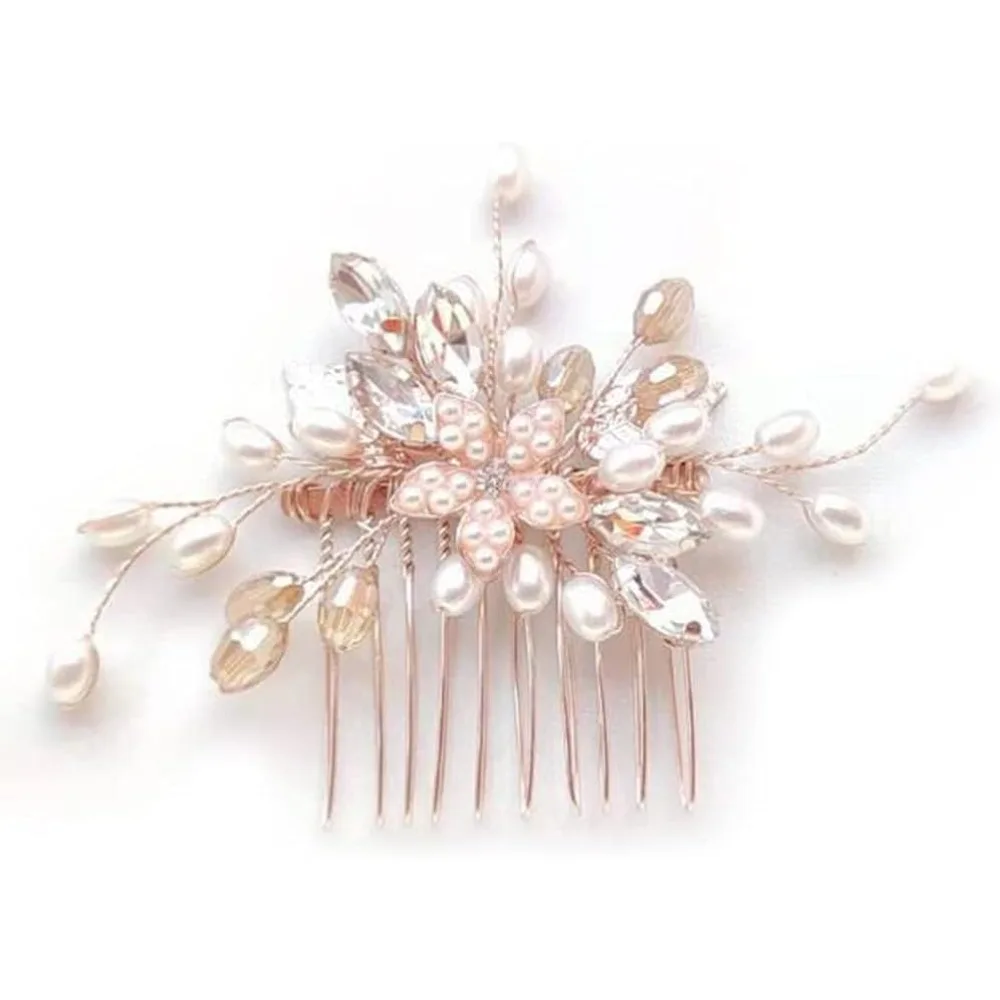 Bride Wedding Hair Comb Rhinestone Hair Clip Pin Pearl Bridal Headpiece for Women and Girls Rose Gold