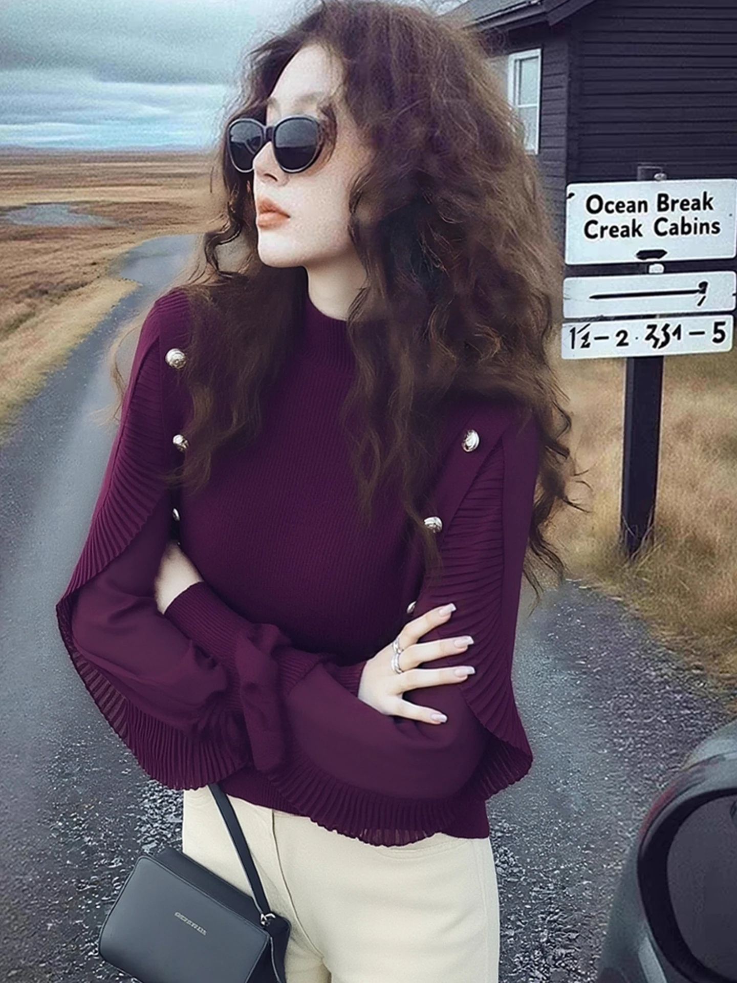 Faionable camisola de malha feminina botão decorado camada base irt outono inverno longo sve redondo ne ajuste regular malhas