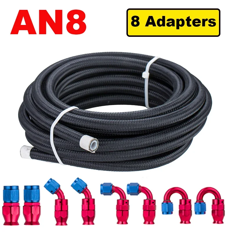 6M 20FT AN4 AN6 AN8 PTFE Nylon Roestvrij Staal Gevlochten Brandstof Gas Olie Lijn Slang Montage 0+45+90+180 Graden 8x Eindfitting Adapter