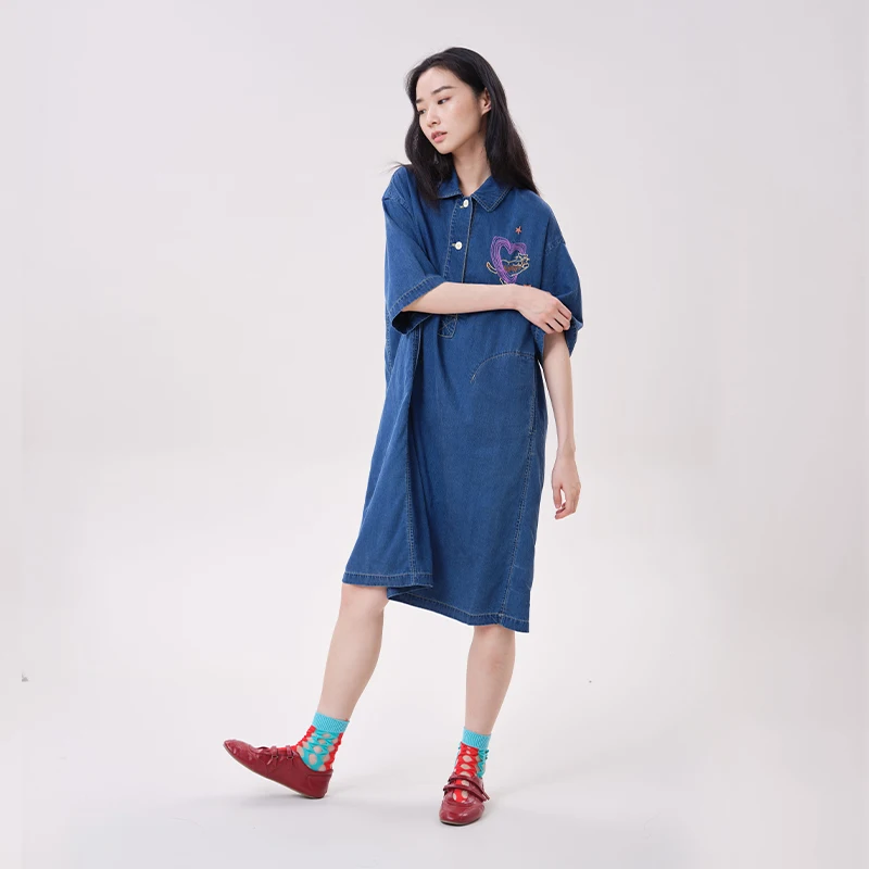 MOVEUP Lyocell Denim Dress Polo Collar Heart Cat Embroidery Dresses Side Pockets Loose Dropped Half Sleeve Midi Dress 3ELX41308 view 5