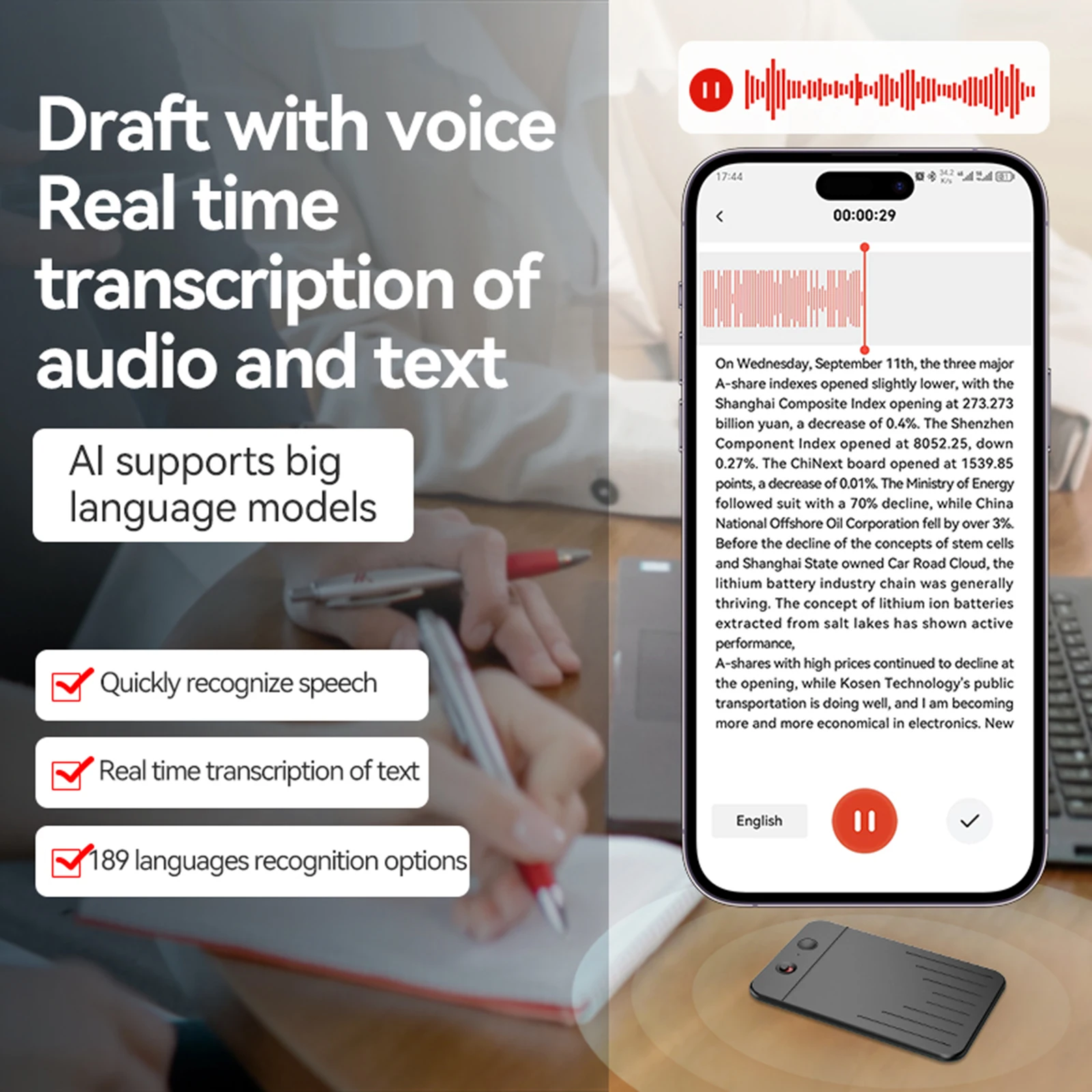 AI Voice Recorder Audio Dictaphone Support 80+ Languages Transcribe Summary Language Translation Device for Lecture/Meeting/Call