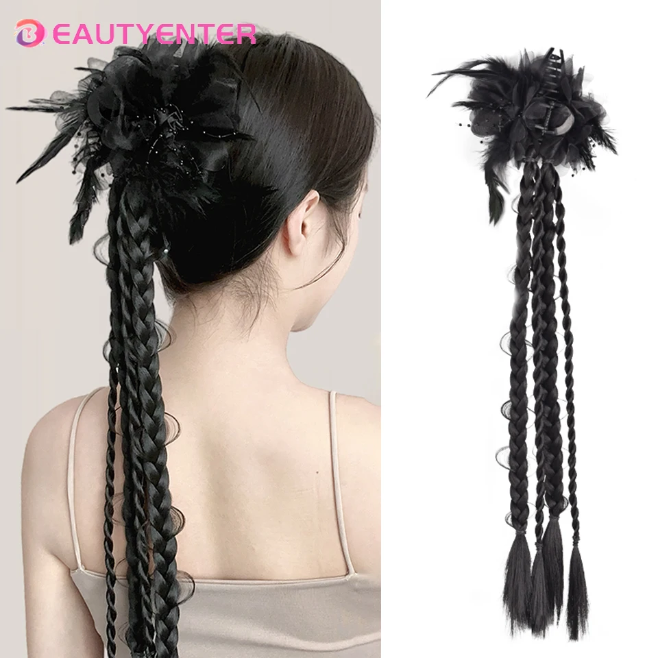 

BEAUTYENTER Synthetic wig Chinese Style Rose Feather Grip Clip Wig Female Simulation Twisted Boxing Braid Ponytail