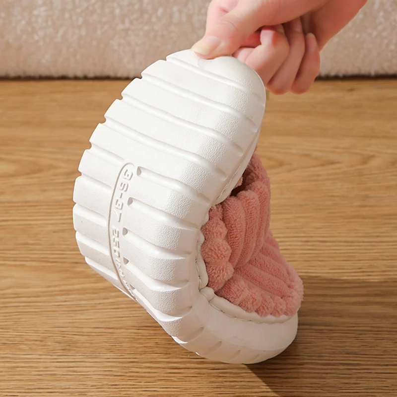 Double Straps Plush Platform Slippers Women Solid Color Non Slip Comfy Cotton Shoes Woman Fashion Corduroy Indoor House Slippers image 6
