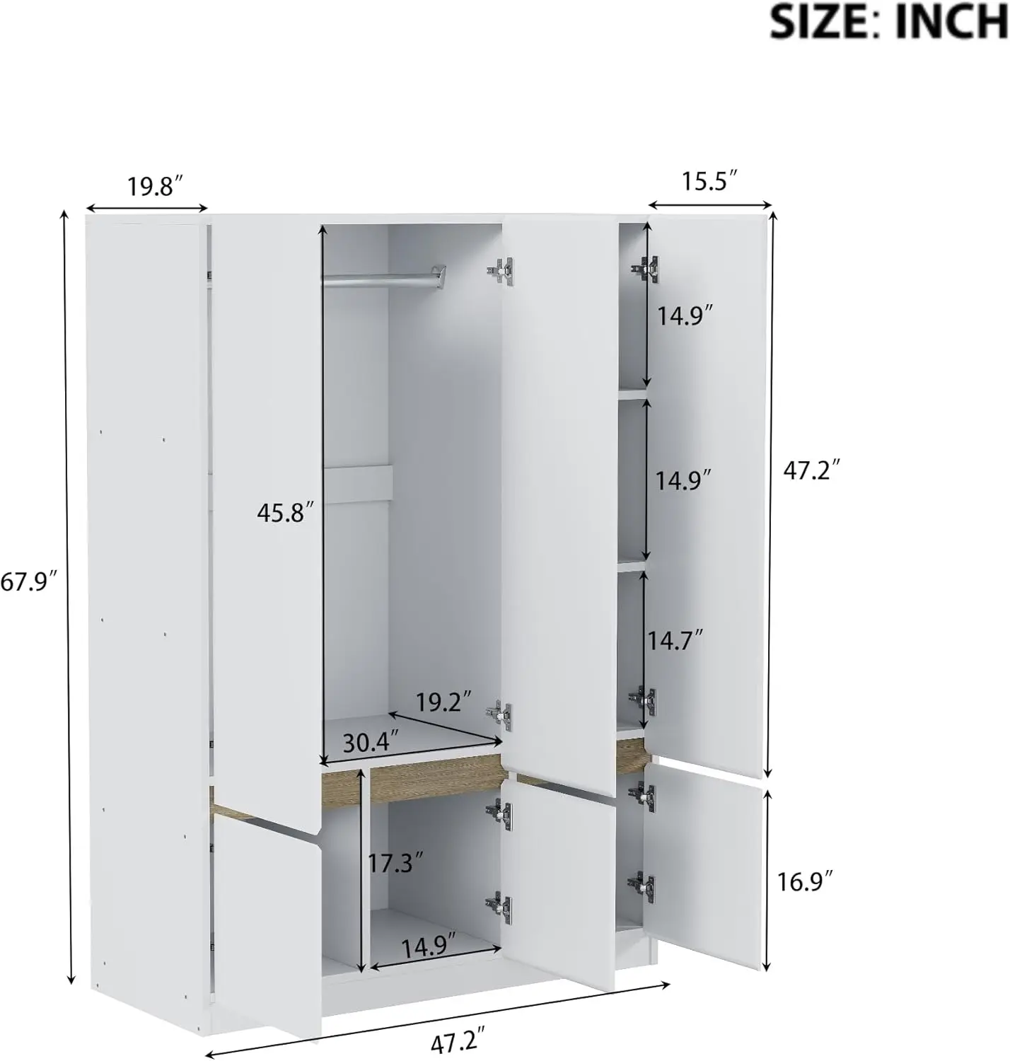 6-Doors Wooden Wardrobe Closet Storage Shelves and Hanging Rail for Clothes for Bedroom Organizer, White