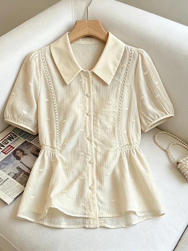 

plus Size Women's Fashionable Korean Style Summer Shirt Lace Trim Embroidery Waist Cinching Splice Anti-Aging Blouse