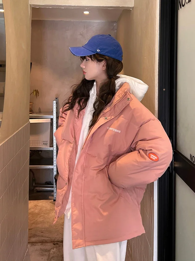 Women Korean Style Long Sleeve Oversize Winter Clothes 2024 New Jacket Short Parkas Hooded Solid Color Down Cotton Coat