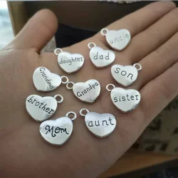 25pcs/lot Heart Charms Grandpa Grandma Daughter Son Mon Dad Brother Sister Uncle Aunt Letter Charms