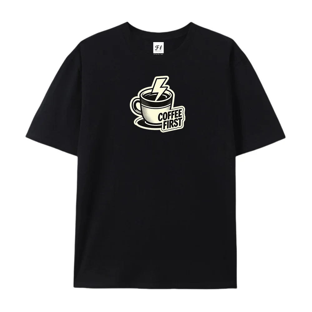 Coffee First Retro Graphic T‑Shirt Vintage Coffee Cup Lightning Sticker Print Crew Neck Cotton Casual Short Sleeve Coffee Lover