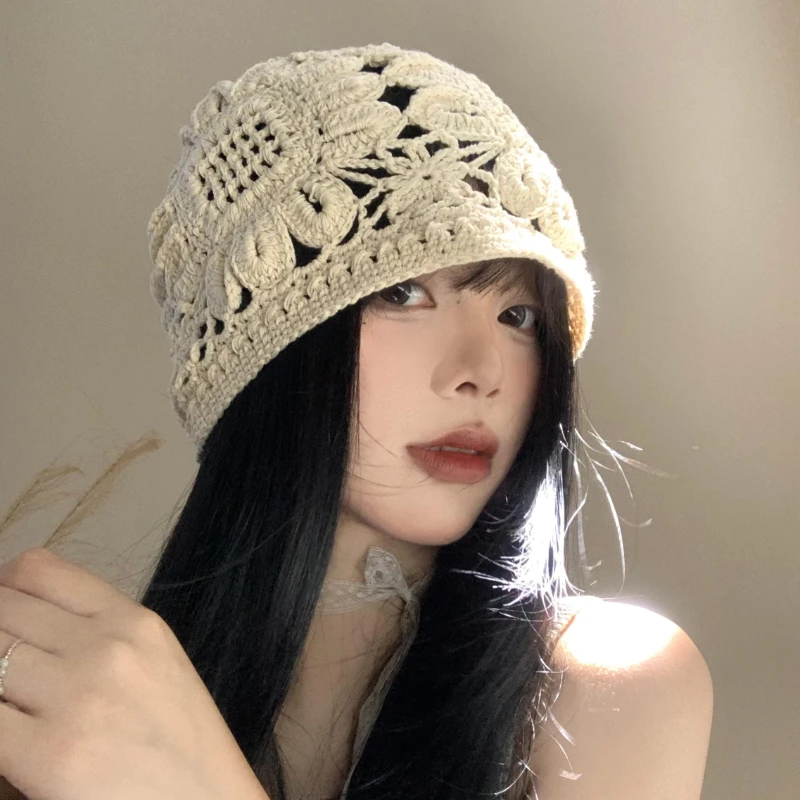 Mori Handmade Crochet Hollow Pullover Hats dla kobiet Lato Jesień Cienki Wszechstronny Styl Bohemian Fashion Casual Beanies Cap