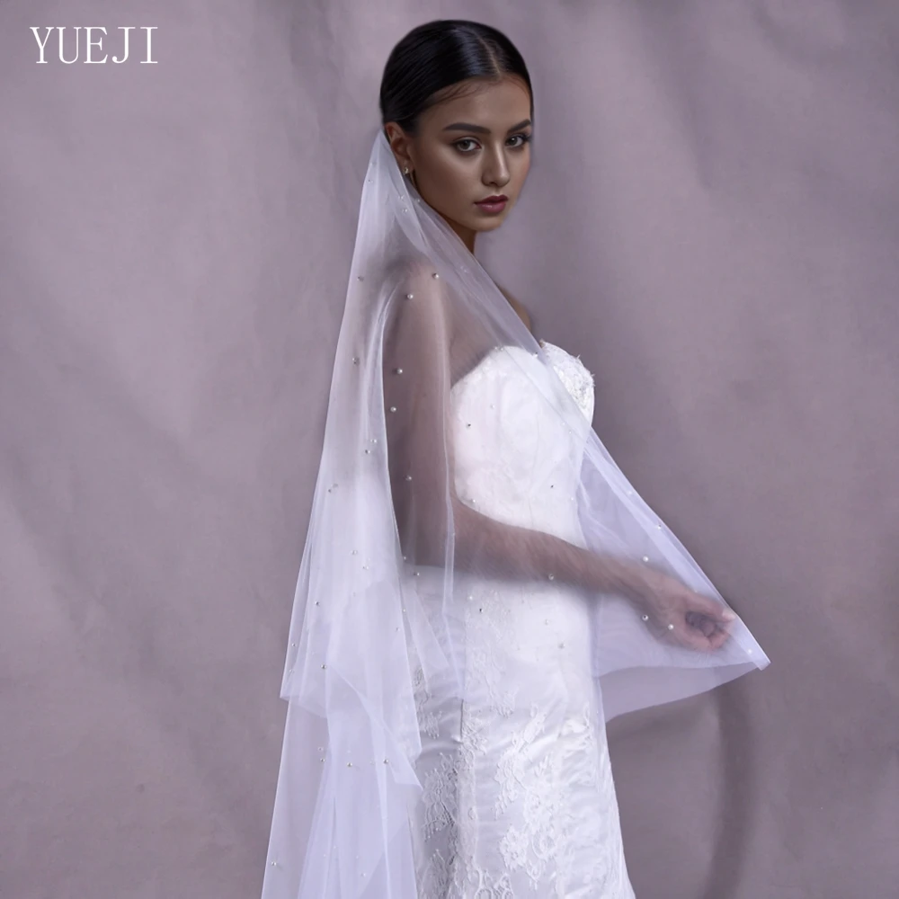 YUEJI-Bridal Lace Pearl Veil, Double Layer Blusher, Catedral White Veil, Acessório do casamento com pente, personalizável, YJ114