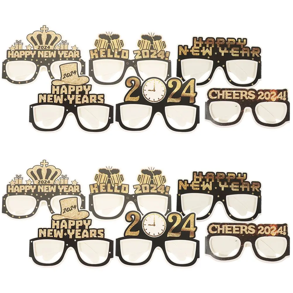 

12pcs New Year Glasses Black Gold Paper Photo Props for Children Birthday Party Taking Funny Creative Pictures 2024