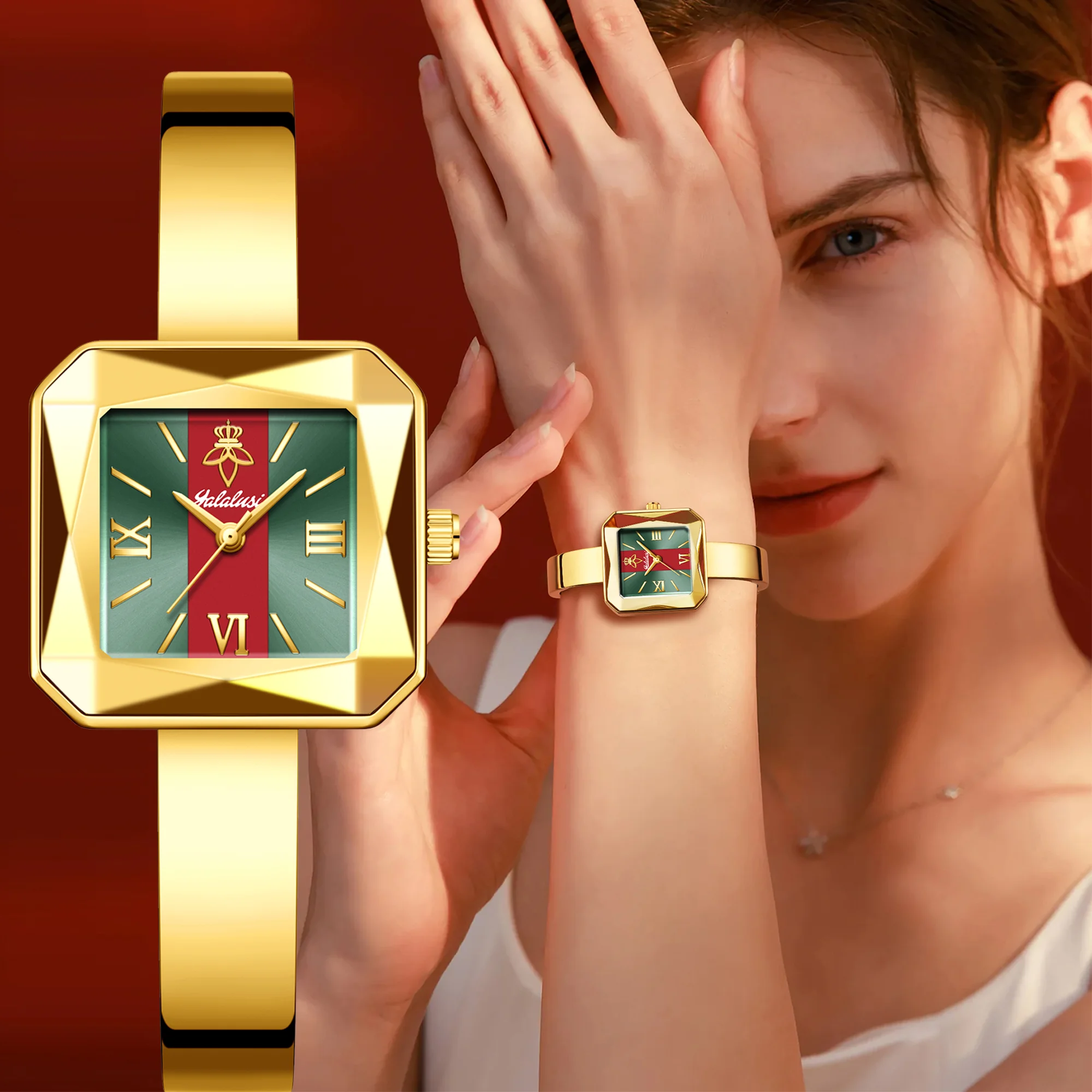 YaLaLuSi Fashion New Women's Quartz Watch Hot Selling Small Square Watch Design Rhombic Cut Glass Temperament Gold Women's Watch