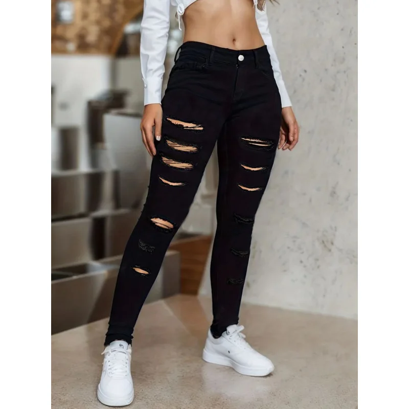 Cross-BorderTEMUAmazonSHEINIn Stock European and American Summer Hole Denim Skinny Pants Fashion Slimming Pencil Pants