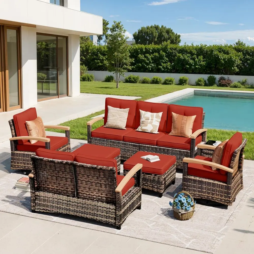 

7 Pieces Outdoor Patio urniture Sets, Wicker Patio Contion Sets with 2 Wood Armrests Swivel Glide Chairs, Outdoor Couch or Deck