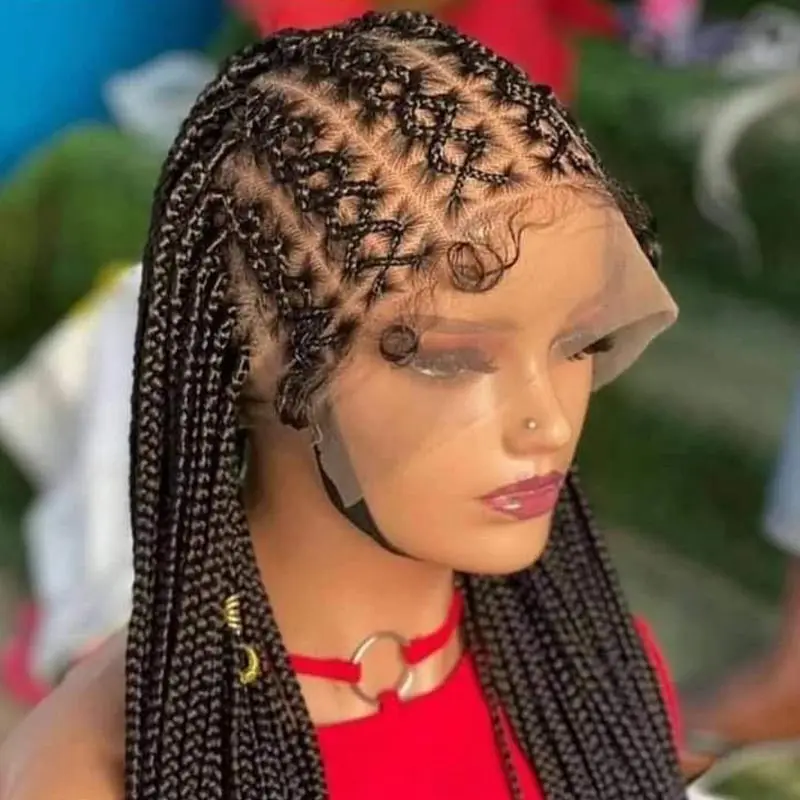 

36-дюймовый полный кружевной плетеный парик Criss Cross Synthetic Goddess Box Braids Lace Front for Black Women Faux Cornrow Locs Hair Wig