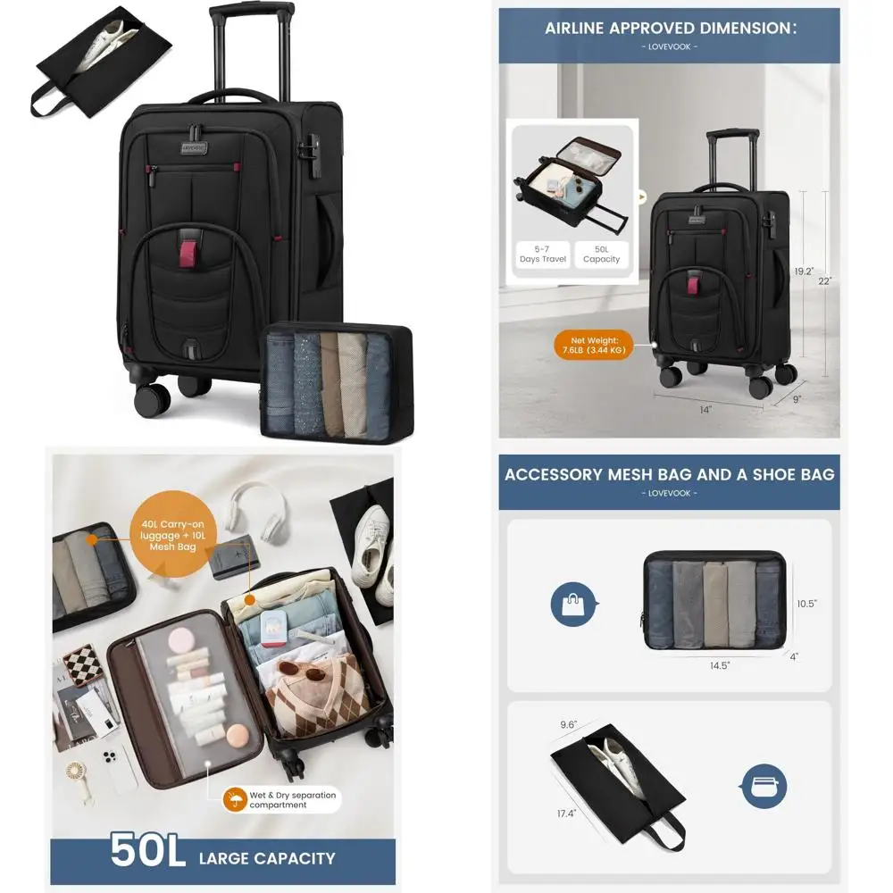 

Ручная кладь Softside Spinner 22x14x9, 22-дюймовый чемодан, одобренный авиакомпанией и замком TSA для путешествий