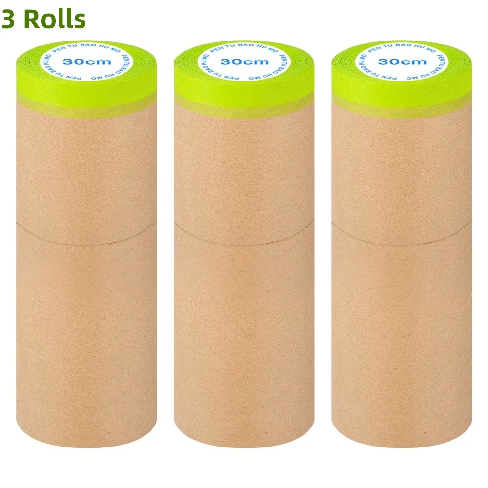 3 Rolls Pre-Taped Masking Paper Tape, Paint Plastic Covering For Wall Covering, Frames, Cars Auto Body Paint Supplies