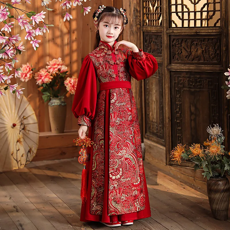 Girls Red Chinese New Year Clothes Vintage Long Cheongsam Party Wedding Flower Girl Dresse Dance Costumes Girls Hanfu Dress