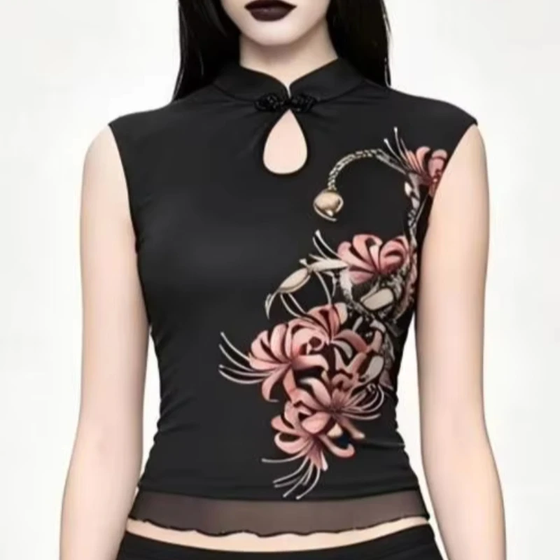 Gothic Chinese Style Black Sleeveless Vest Cheongsam Frog Button Scorpion Spider Lily Print Streetwear Summer Women's Clothes