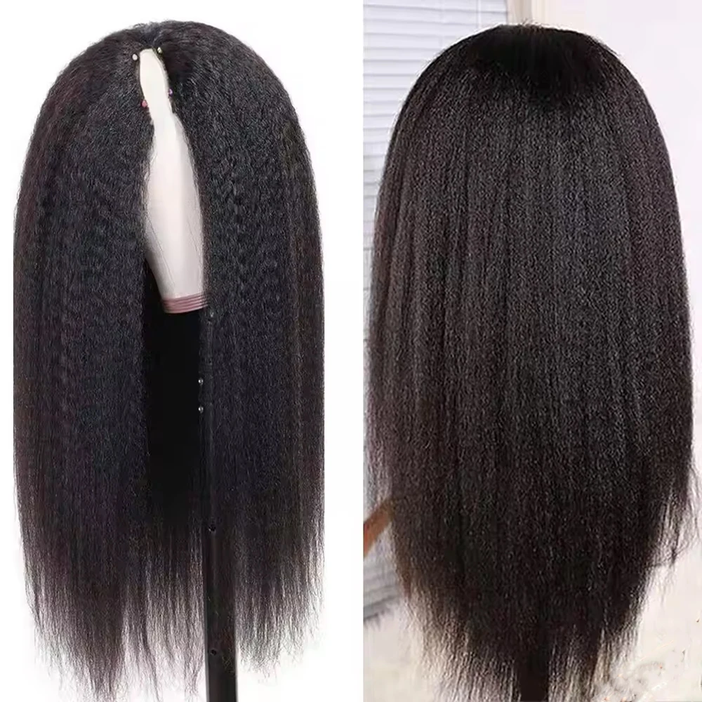 Kinky Straight V Part Wigs Human Hair No Leave Out No Glue Brazilian Hair Wigs For Women 180% Density Kinky Straight V Part Wig