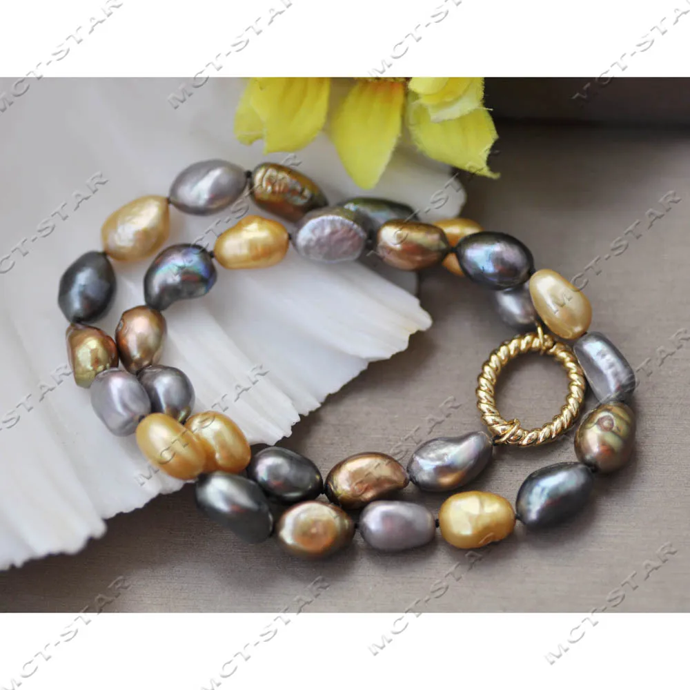 

Z14313 17" 13mm Black Yellow Gray Coffee Baroque Freshwater Pearl Necklace