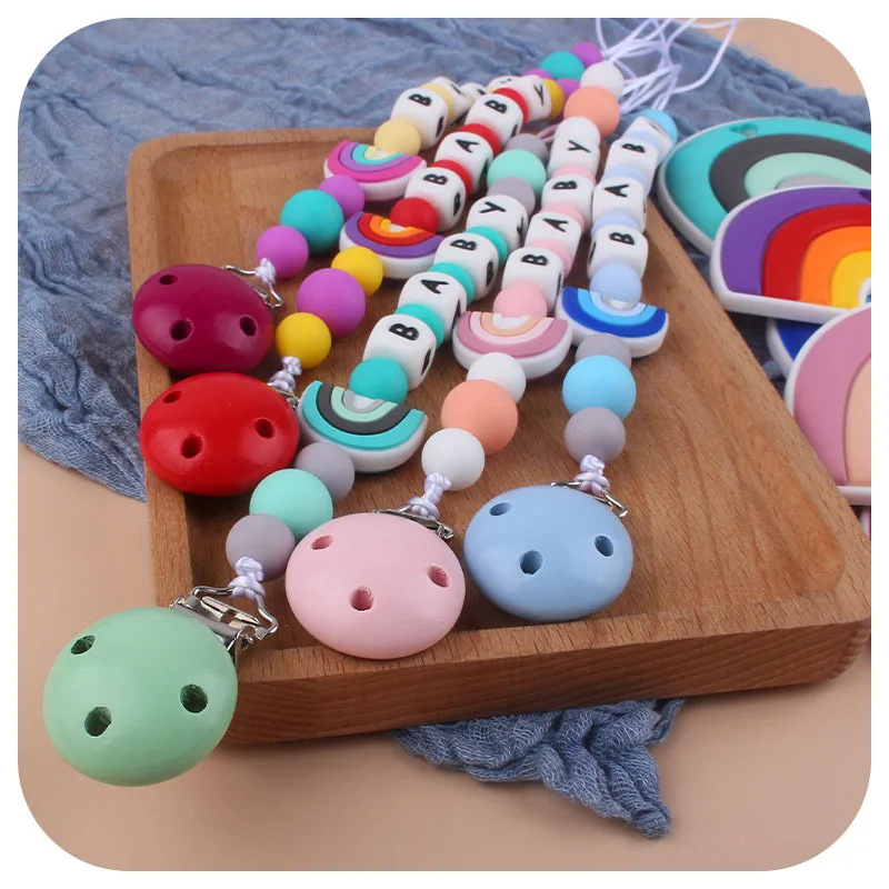 Baby Pacifier Clip Chain Personalized Name Silicone Rainbow Teether Dummy Nipple Holder Clips Accessories Teething Toys BPA Free