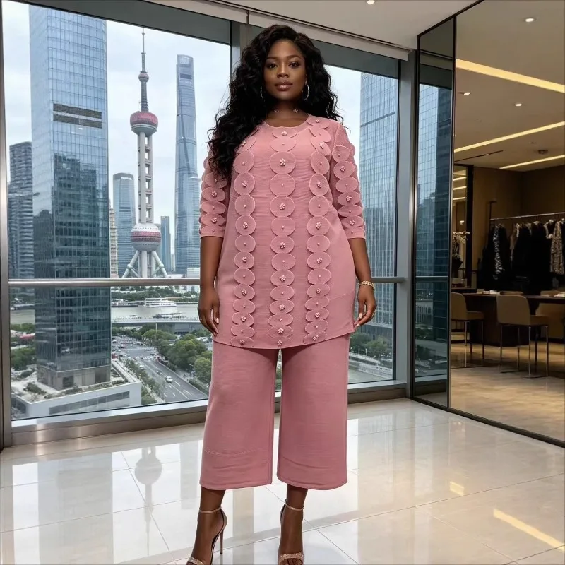 

Miyake Pleated Dresses 2026 Summer New Round Neck Floral Long Top Loose Straight Pants Casual Plus Size Women's Fold 2-Piece Set