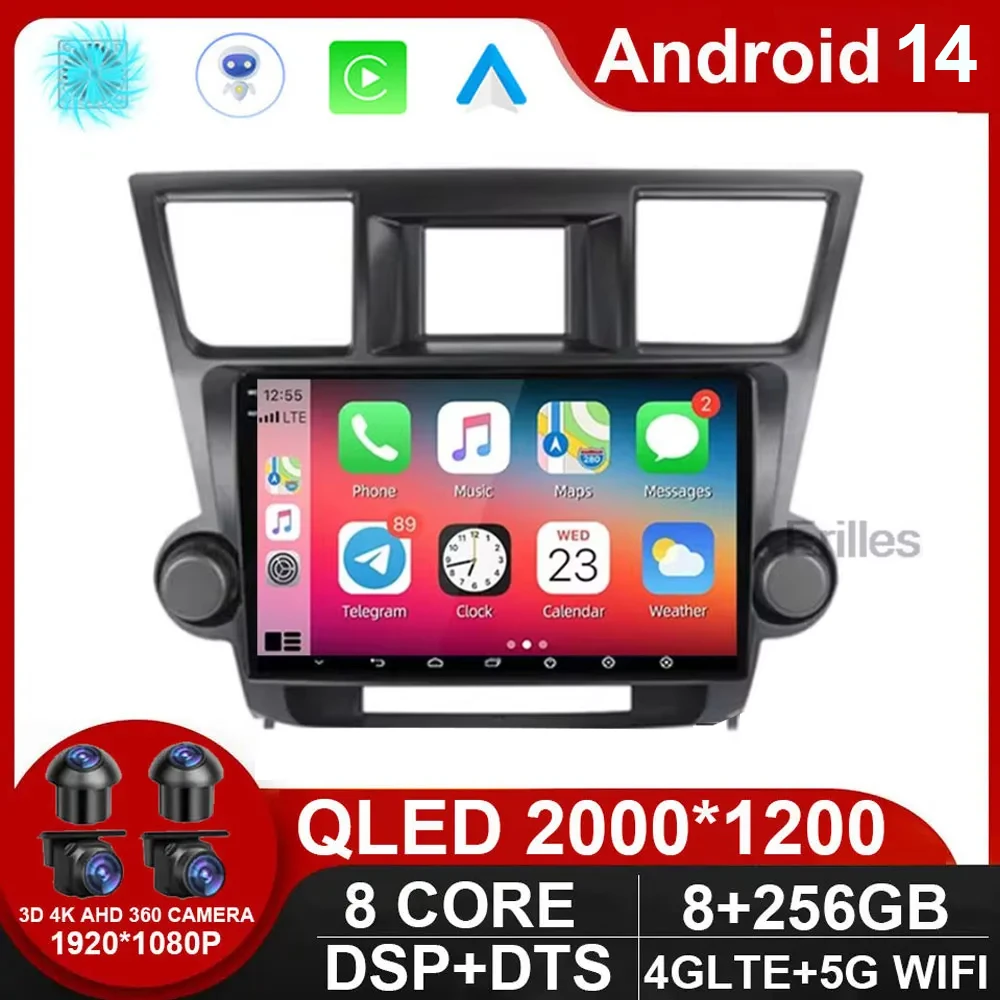 

For Toyota Highlander 2 XU40 2007-2013 Car Radio IPS Screen Multimedia Player Navigation GPS Android 14 Stereo CarPlay NO DVD