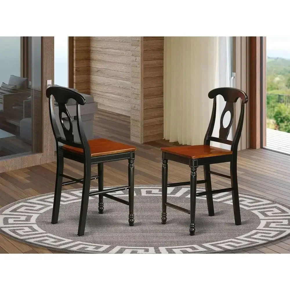 Counter Height Barstools - Cherry and Black Wood Seat Chairs, Set of 2