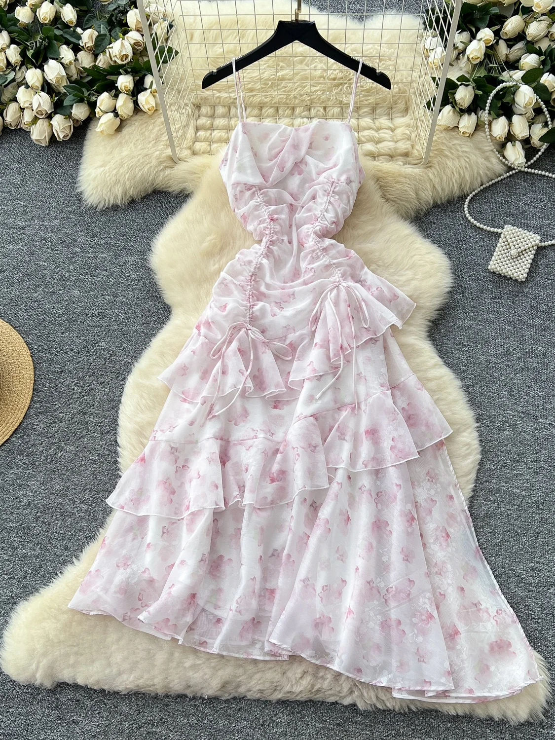 Vestido de Verano con Diseño de Cintura Fruncida y Tirantes, Falda de Vacaciones para Mujer, Dobladillo de Encaje Floral Asim...