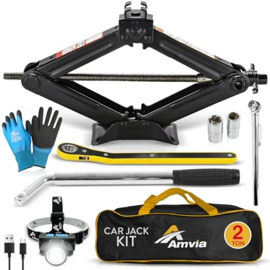 

Car Jack Kit Scissor Jack for Car 2 Ton 4400 lbs - Tire Jack Tool Kit Portable Ideal for SUV and Auto - Universal Kit with Lug