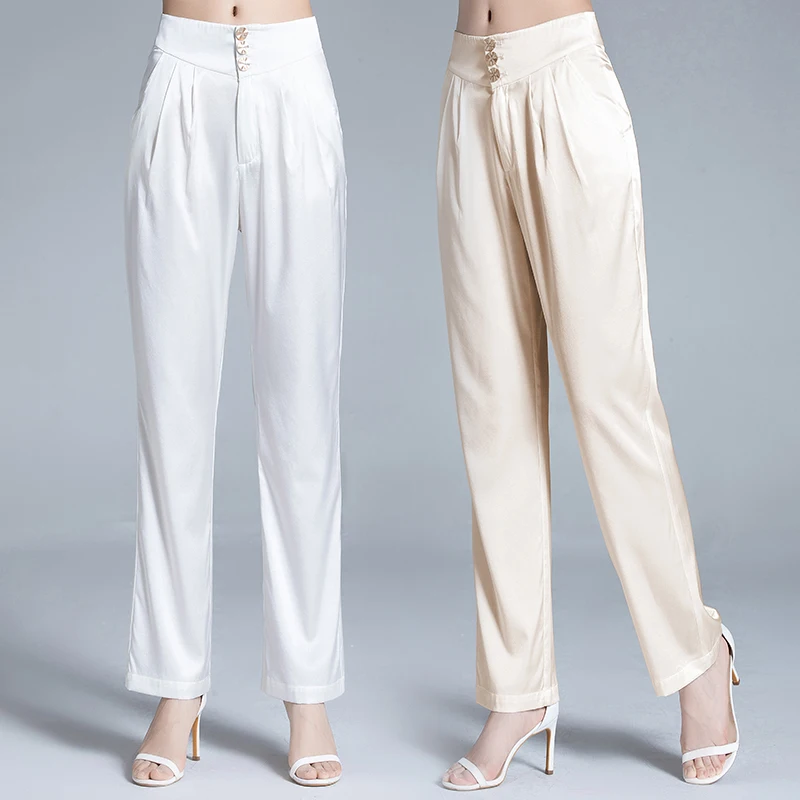 

95% Silk 5% Spandex Pants Women Simple Design Solid 3 Colors Elastic Waist Pockets Trousers New Fashion