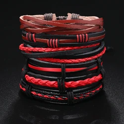6pcs Fashion red and black leather woven bracelet for men women