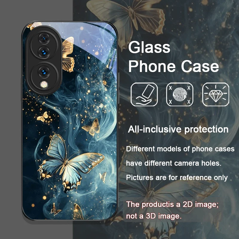 Luxurious Blue Butterfly Art Printed Tempered Glass Phone Case for Huawei Nova 13 12 11 10 SE Mate 70 60 Pro+ P60 P50 P40 Cover