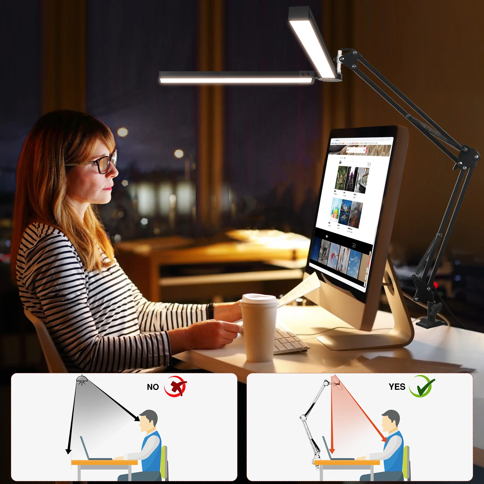 NEWACALOX 24W LED Desk Lamp 3 Color Dimmable Light&Table Clamp Folding Reading Lamp Computer Screen Hanging Lamp EU/US 12V