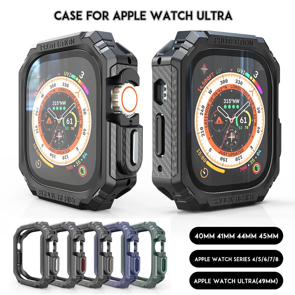 

Case for Apple Watch 8 Series 7 6 SE 5 Cover Ultra Edge Protective Carbon Fiber PC 49mm 40 41 44 45mm Shockproof Protector Bumpe