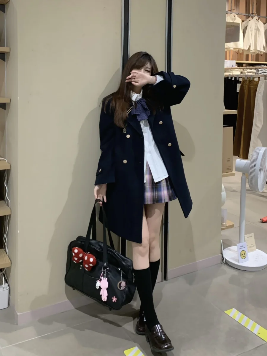 

Thiened Woolen Jaet Set для женщин, осенне-зимнее пальто, маленький размер, колледж, школа, orm JK, хлопок, полиэстер