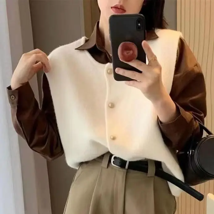 امرأة متماسكة سترة الفرنسية الرجعية بلون أكمام س الرقبة زر سليم صالح سترة أعلى الخريف عارضة محبوك صدرية جديد