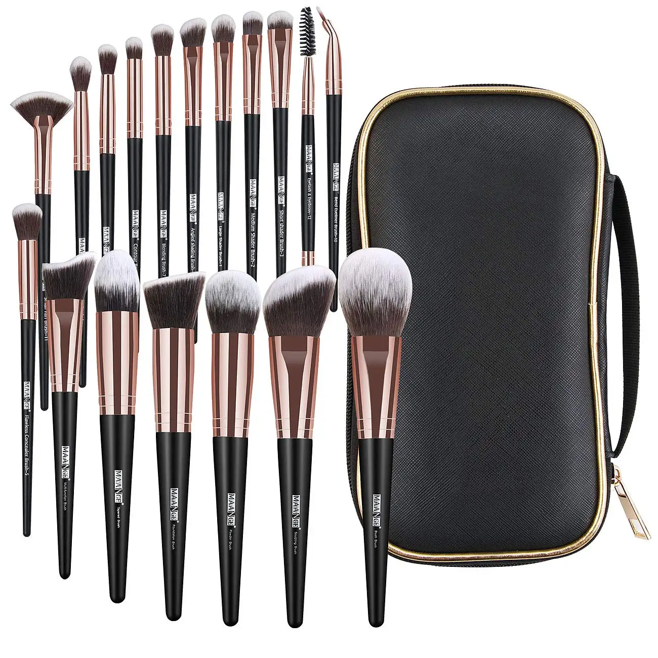 18 Pcs Professional Synthetic Makeup Brush Set with Case, Foundation Kabuki Eye Travel Brushes, Black Gold