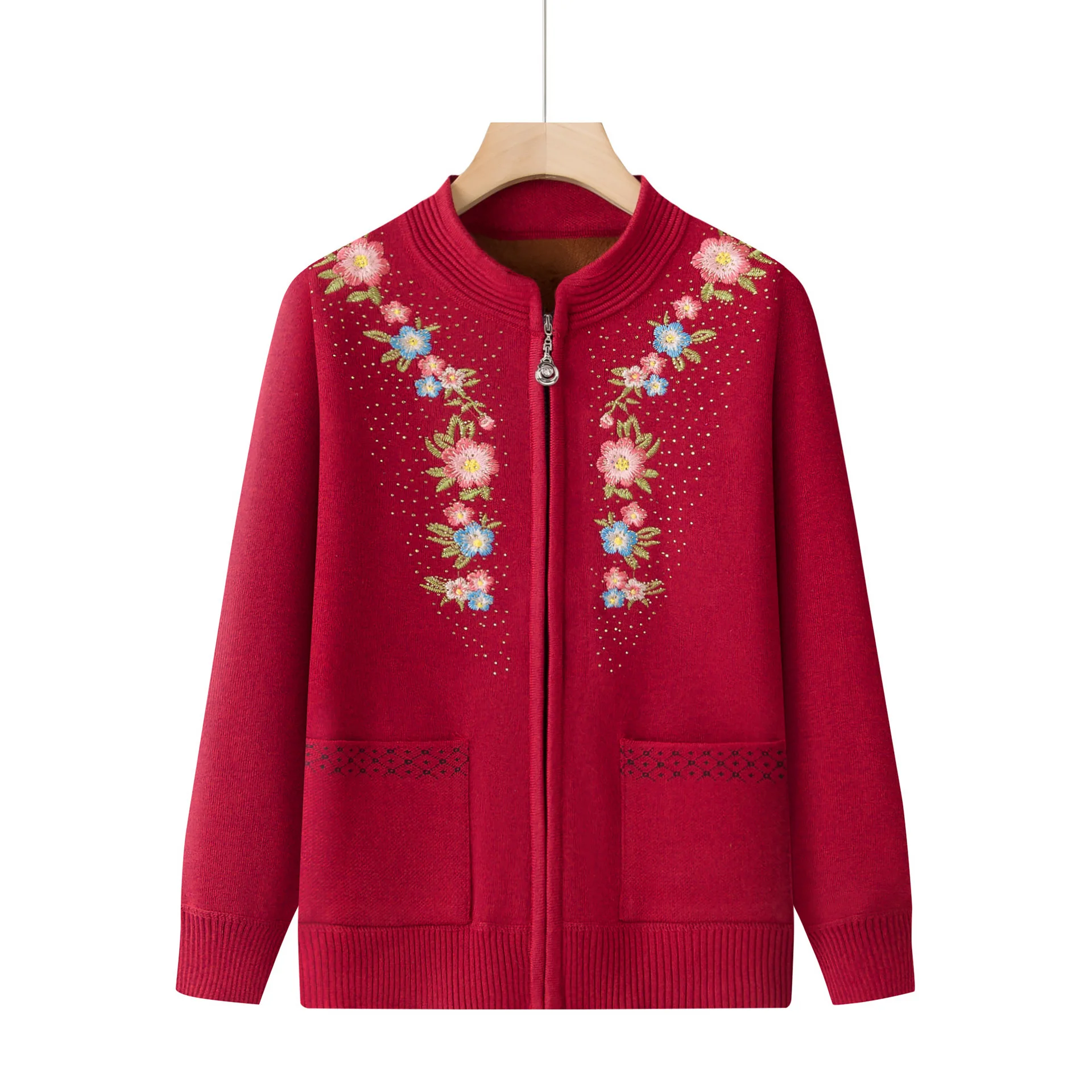 2026 Autumn/Winter New Women's Knitted Cardigan Fleece-Lined Warm Sweater Jacket for Middle-Aged and Elderly Mothers Clothes